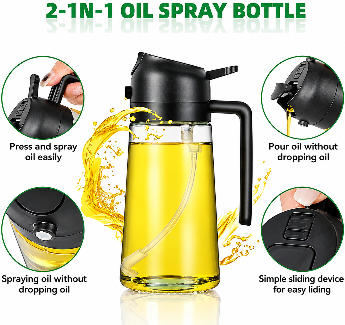 2 in 1 Olive Oil Sprayer and Oil Dispenser Bottle for Kitchen, Glass Oil Bottle with Premium Nozzle, Oil Sprayer for Air Fryer, Salad,BBQ,Roasting