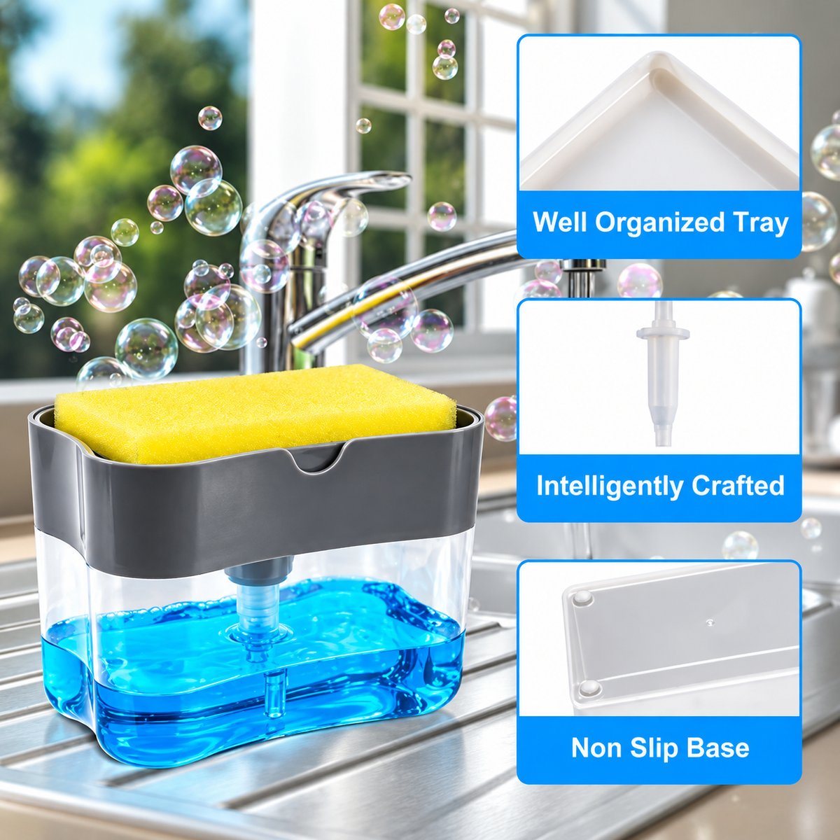 UPGRADED Liquid Soap Dispenser & Sponge Holder (WITH FREE SPONGE)