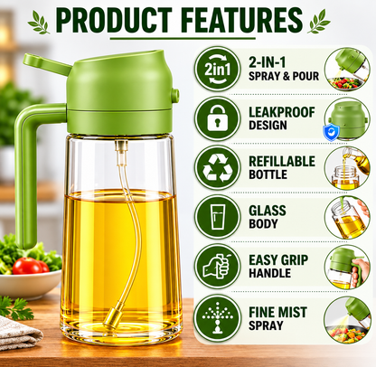 2 in 1 Olive Oil Sprayer and Oil Dispenser Bottle for Kitchen, Glass Oil Bottle with Premium Nozzle, Oil Sprayer for Air Fryer, Salad,BBQ,Roasting