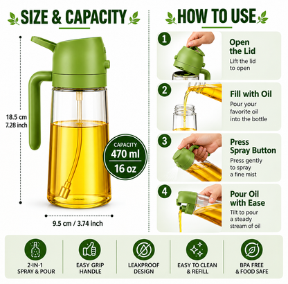 2 in 1 Olive Oil Sprayer and Oil Dispenser Bottle for Kitchen, Glass Oil Bottle with Premium Nozzle, Oil Sprayer for Air Fryer, Salad,BBQ,Roasting
